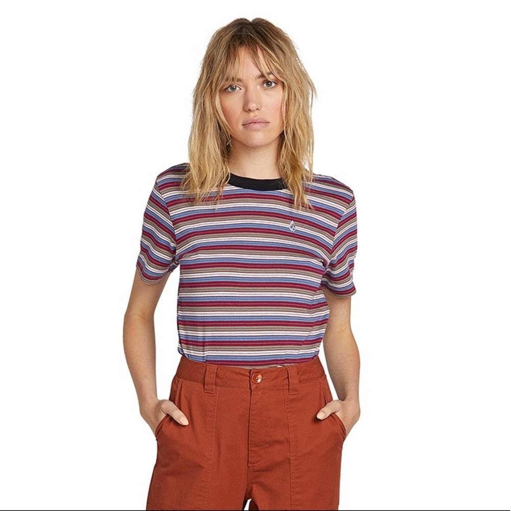 Volcom Heywood Short Sleeve Striped Crewneck Shirt Plum